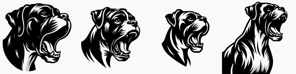 Boxer Dog. Roar Fierce Aggressive Strong Open Mouth Strength Clipart silhouette Vector Illustration. Athletic canine friend a fawn breed great companion loyal pet.
