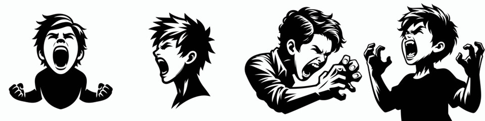 boy. Roar Fierce Aggressive Strong Open Mouth Strength Clipart silhouette Vector Illustration. Young male individual youth lad adolescent son offspring human child.
