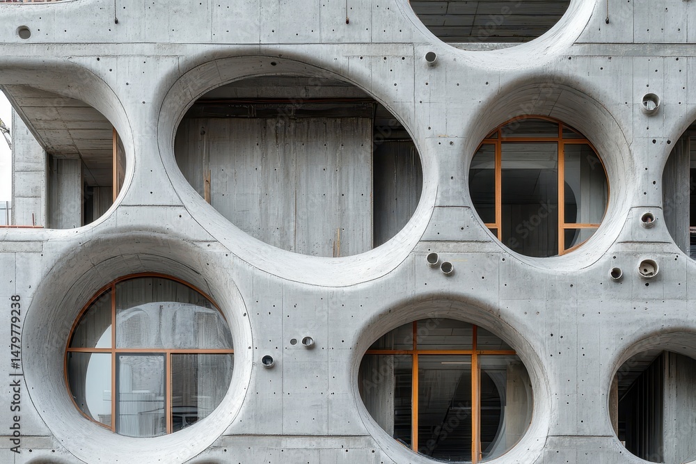 Poster concrete building with unique circular windows and smooth grey texture. use it to illustrate modern 
