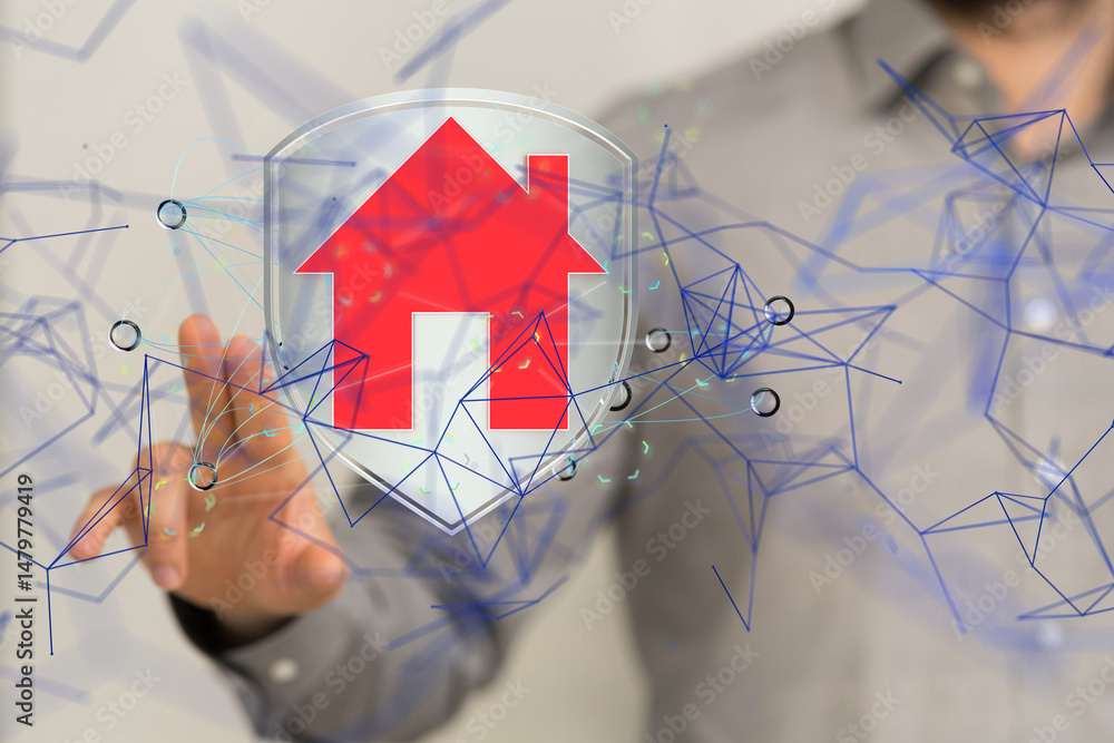 Poster home iot - Neural network 3D illustration. Big data and cybersecurity - neural network exposure digital