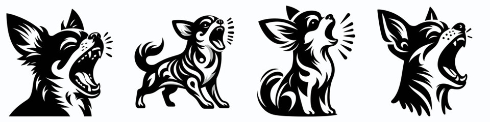 Fototapeta premium Chihuahua Dog. Roar Fierce Aggressive Strong Open Mouth Strength Clipart silhouette Vector Illustration. Tiny canine breed detail caring instruction character traits profile health.