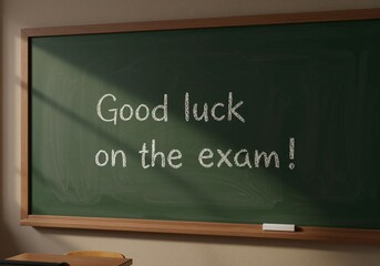 Message wishing good luck on the exam written on chalkboard  