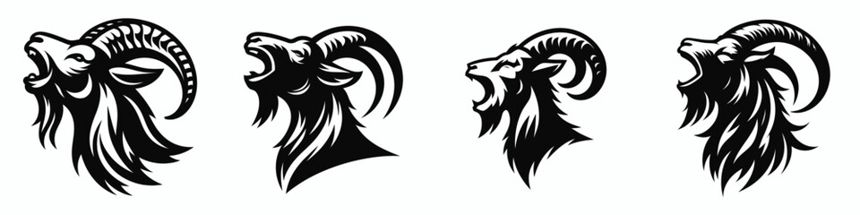 Naklejka premium Goat. Roar Fierce Aggressive Strong Open Mouth Strength Clipart silhouette Vector Illustration. Caprine livestock agricultural creature rural farm existence pastoral theme.