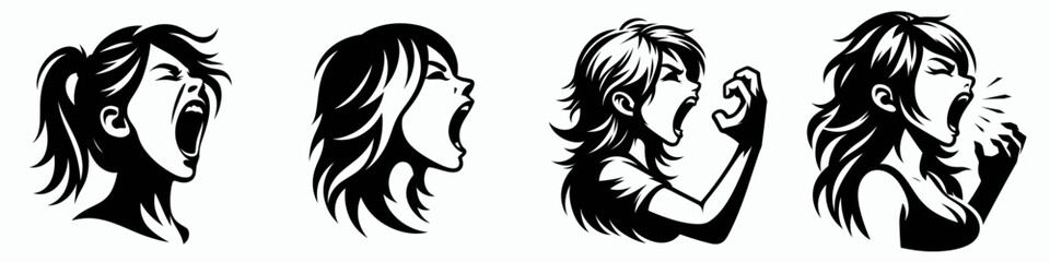 girl. Roar Fierce Aggressive Strong Open Mouth Strength Clipart silhouette Vector Illustration. Young female individual portrait youth archetype childhood concept femininity theme.
