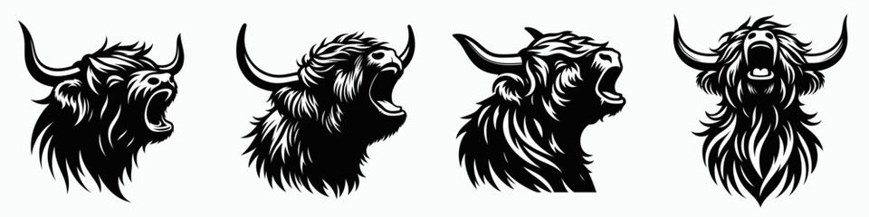Highland Cow. Roar Fierce Aggressive Strong Open Mouth Strength Clipart silhouette Vector Illustration. Long-haired bovine a rustic hairy cattle breed from scottish uplands.