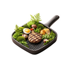 Grill Pan with Food Cooking, Minimalist 3D View, Isolated , Transparent Background