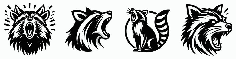 Fototapeta premium Raccoon. Roar Fierce Aggressive Strong Open Mouth Strength Clipart silhouette Vector Illustration. Masked mammal clever woodland creature observing the procyonid of nature.