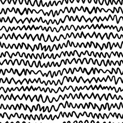 Zigzag seamless pattern in black and white. Irregular hand drawn zig zag line texture with playful chevron wave effect. Perfect for fabric, wrapping paper, branding or web design. Drag to swatches.