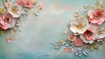 Floral arrangement on textured cardstock background with copy space for greeting cards or invitations