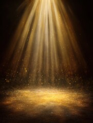 Golden light rays shining down on a stage, creating a magical and ethereal atmosphere, studio shot, spotlight effect
