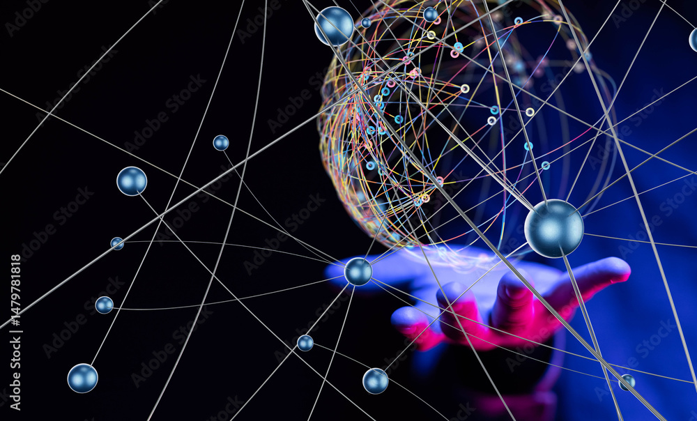 Aufkleber Global network. Blockchain. 3D illustration. Neural networks and artificial intelligence. Abstract