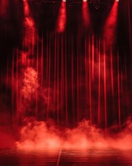Fototapeta premium Dramatic red velvet stage curtains with bright spotlights and smoke effects creating a theatrical atmosphere