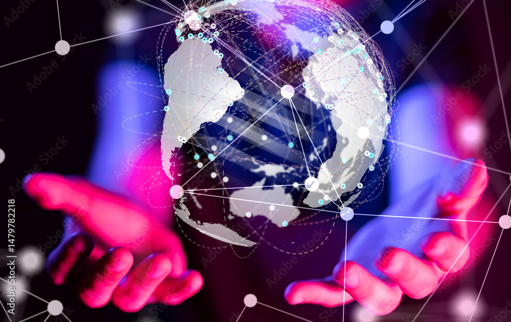 Aufkleber world Global network. Blockchain. 3D illustration. Neural networks and artificial intelligence. Abstract