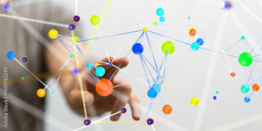 Poster Global network. Blockchain. 3D illustration. Neural networks and artificial intelligence. Abstract