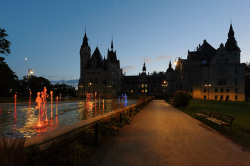 Night view to fountain of Moszna Castle in Poland