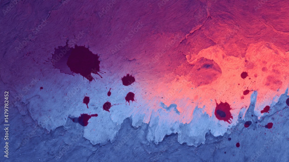 Poster abstract paint splatter on textured canvas with violet, blue and orange gradient in a high angle clo