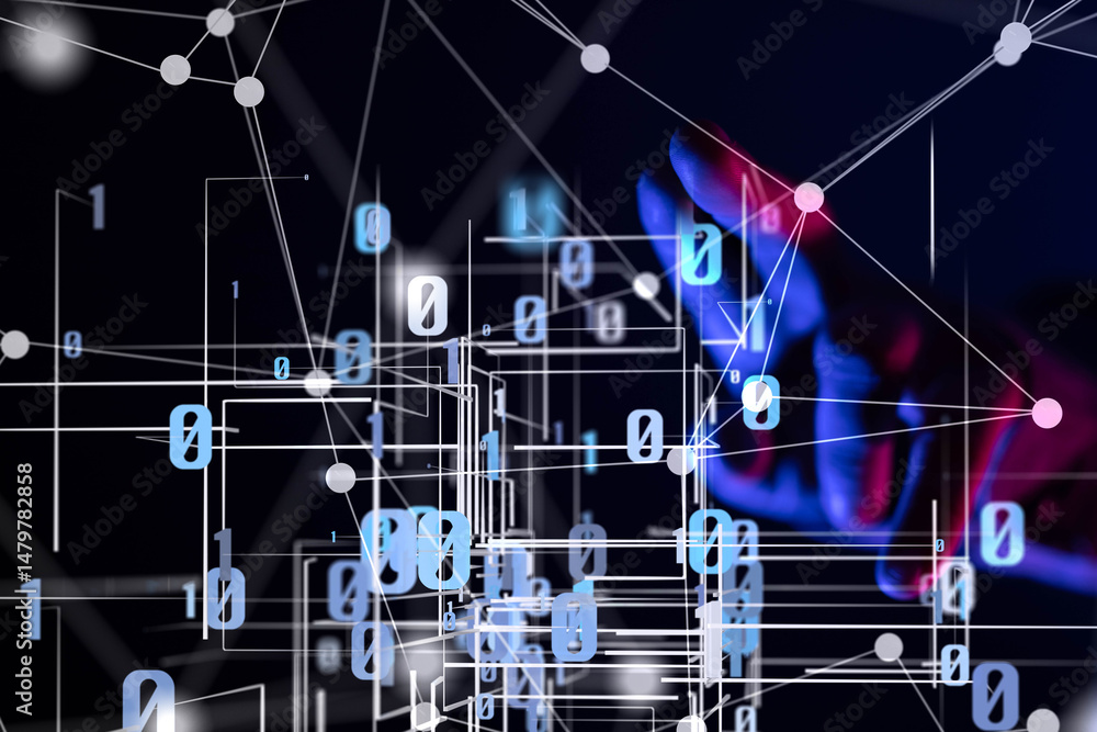 Poster Global network. Blockchain. 3D illustration. Neural networks and artificial intelligence. Abstract
