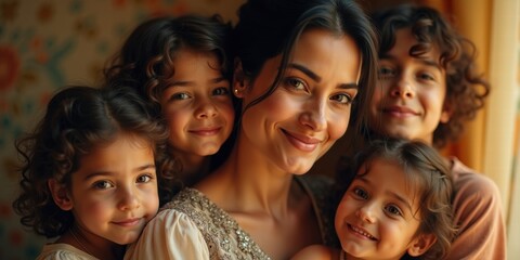 Obraz premium Loving mother posing with her four smiling children by the window 