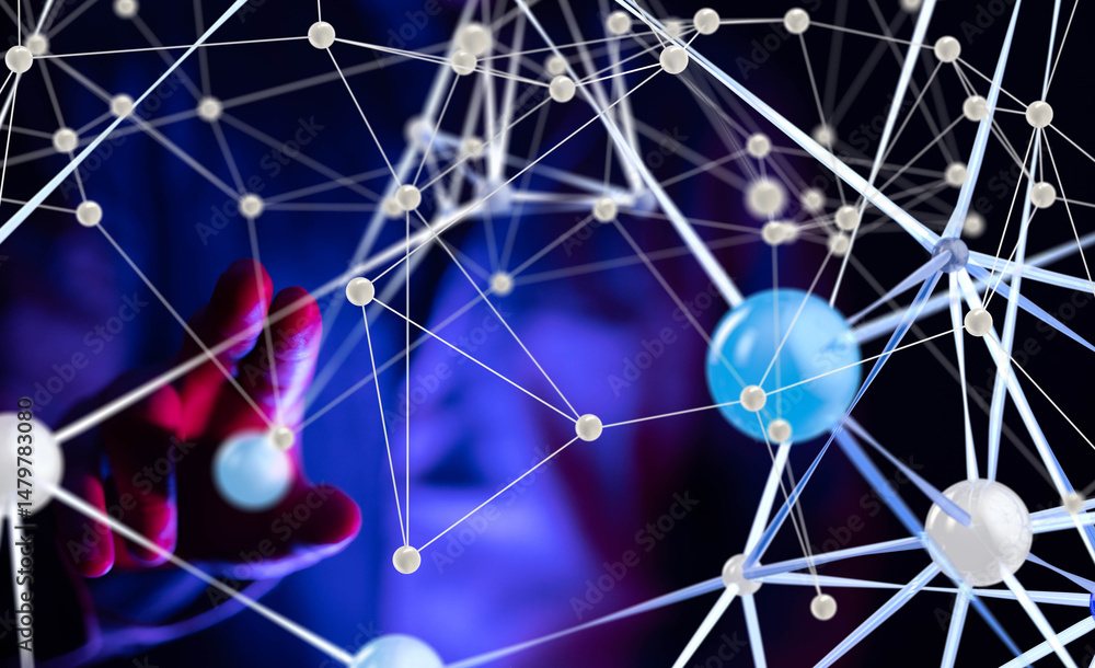 Poster Global network. Blockchain. 3D illustration. Neural networks and artificial intelligence. Abstract