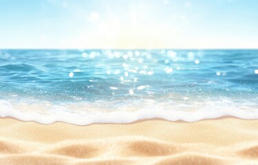 Obraz premium summer beach background with blue sea, sunlight, and bokeh effect, travel vacation banner