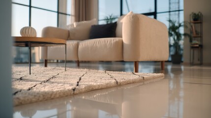 Modern stylish living room interior with minimalist furniture, clean lines, and neutral color palette, \