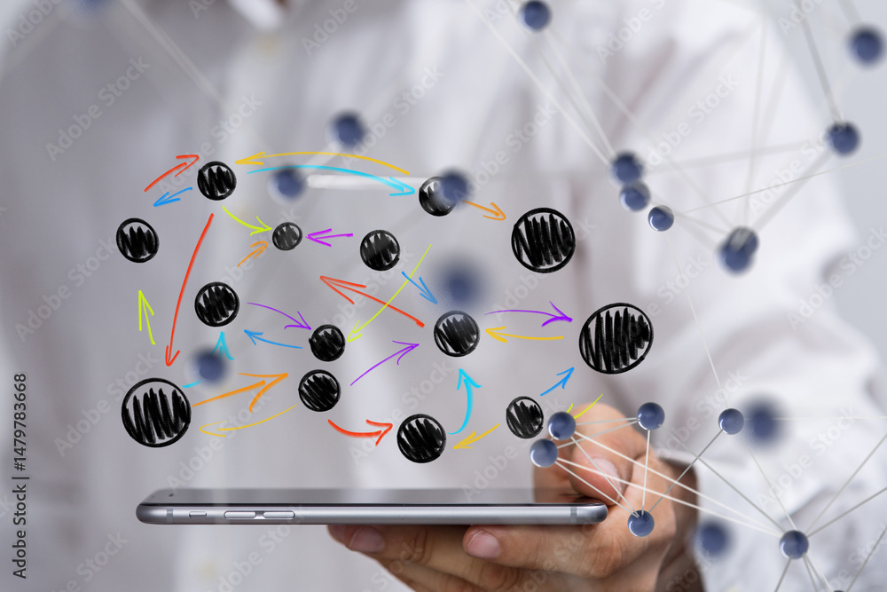 Poster Global network. Blockchain. 3D illustration. Neural networks and artificial intelligence. Abstract