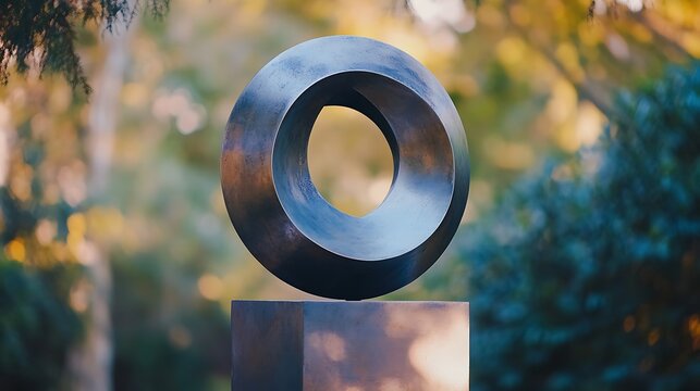 Sculptural Mobius Ring Radiating Modern Elegance within Verdant Environs - Powered by Adobe