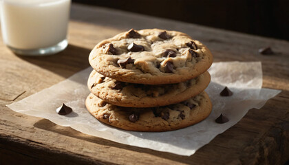 Freshly baked chocolate chip cookies stacked on parchment paper, with rich, gooey chocolate chips visible.