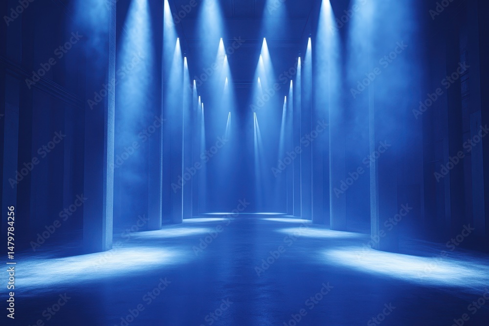Poster blue spotlights illuminate a long hall with concrete pillars and a hazy atmosphere. ideal for abstra