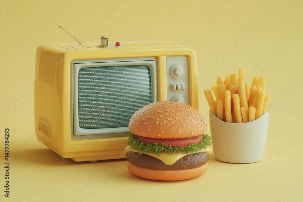 Poster a yellow television is on a table with a hamburger and fries. the hamburger is on a bun and has a sl