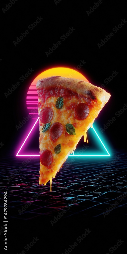 Poster a slice of pizza is shown in a neon light. the pizza is on a black background with a triangle in the