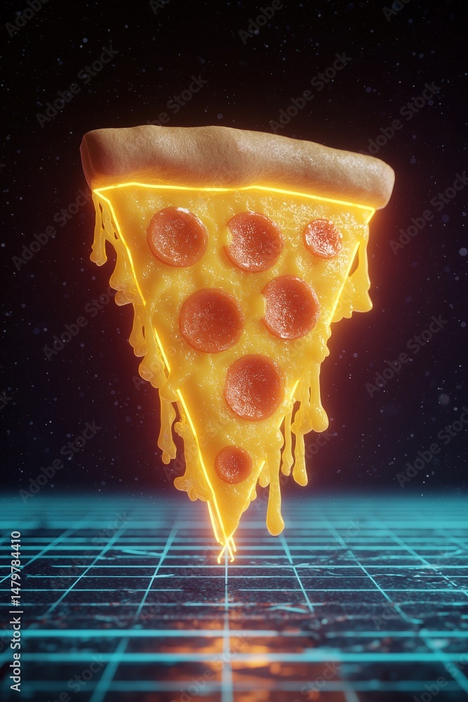 Poster a slice of pizza with melted cheese and pepperoni is lit up in neon colors. the image has a futurist