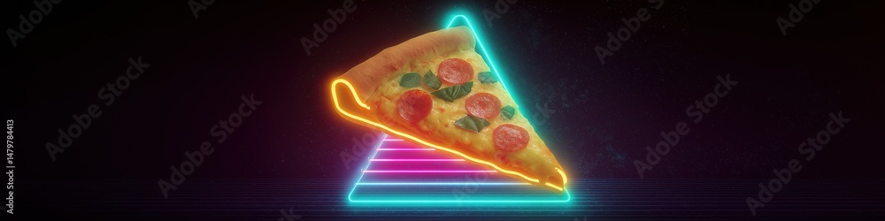 Poster a neon sign of a pizza slice with a pepperoni topping. the pizza slice is tilted and he is on a pyra