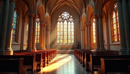 Fototapeta premium A serene church interior, sunlight streaming through stained glass windows , ambiance, serene, interior