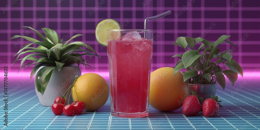 Poster a drink with a straw in it is on a table with a plant and fruit. the drink is pink and has a lime sl