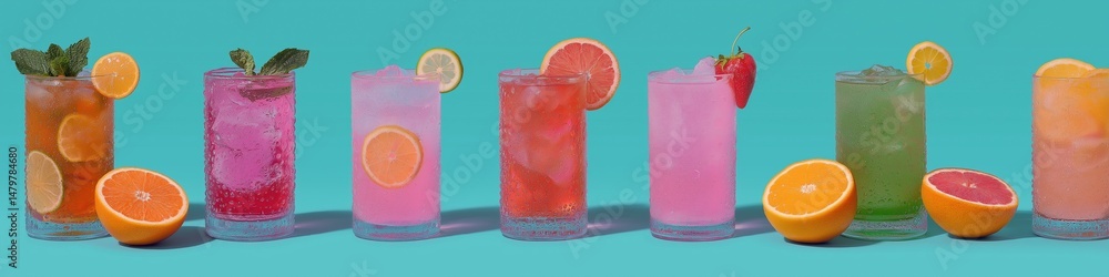 Poster a row of colorful drinks with a blue background. the drinks are in glasses and have fruit slices in 