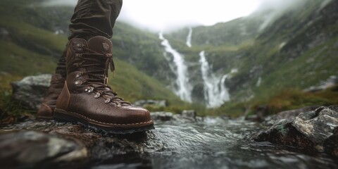 Hiker standing by a mountain stream in rugged boots near a dramatic waterfall during a misty day in the wilderness