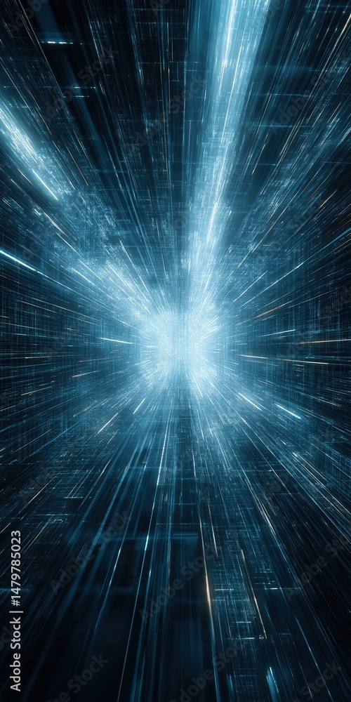 Poster a blue and white image of a light beam with a lot of dots. the image is of a computer generated scen