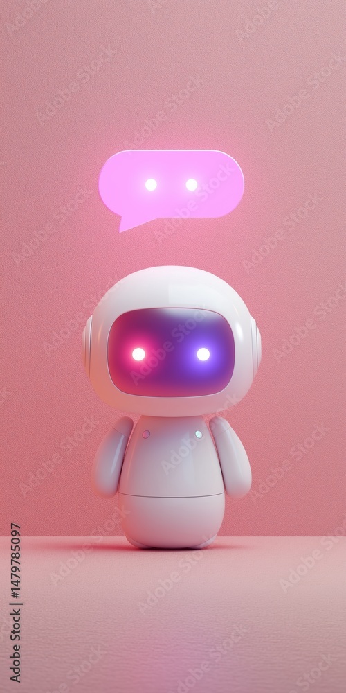 Poster a robot with a pink face stands in front of a pink wall. the robot is talking to another robot, whic