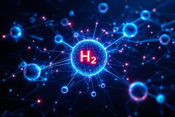 Fototapeta premium Glowing H2 hydrogen molecule in digital style with luminous atomic links on dark background, concept of clean energy and futuristic science, Ai generative