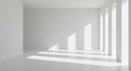 Minimalist white interior space bathed in sunlight with architectural columns