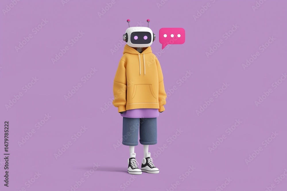 Poster a robot is standing in front of a purple background with a speech bubble that says 