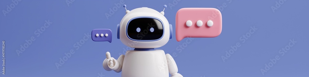 Poster a robot is standing on a blue background and is holding a pink speech bubble. the robot is giving a 