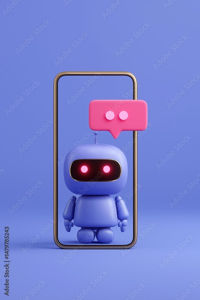 Poster a robot is standing in front of a phone with a pink speech bubble. the robot is looking at the camer