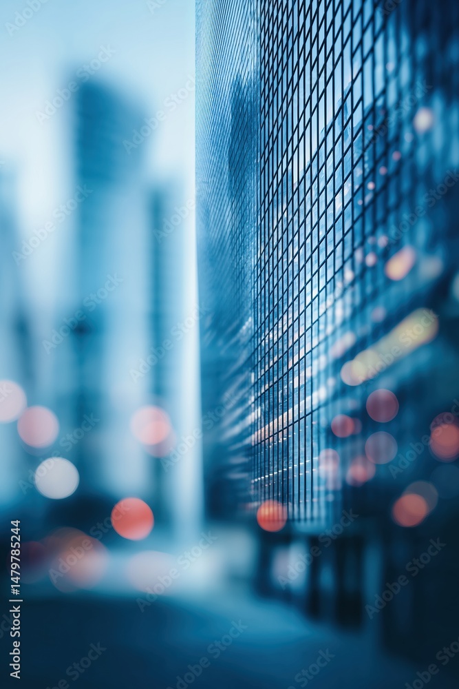 Aufkleber a city skyline with a blurry background and a building with a window that is partially visible. scen