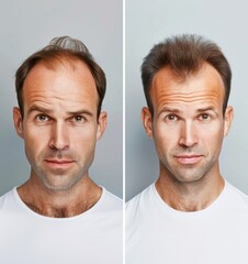 Transformation of a man from thinning hair to a full, voluminous hairstyle showcasing confidence and change in appearance