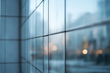 A window with a view of a city skyline. The glass is foggy and the view is blurry