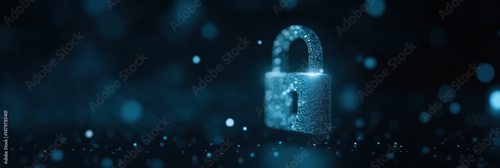 Poster a blue lock with a keyhole is shown in a blurry image. the lock is surrounded by a lot of small dots