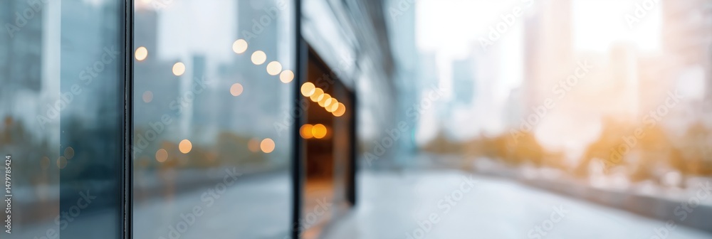 Poster a window with a city view and a blurry background. the cityscape is filled with tall buildings and l