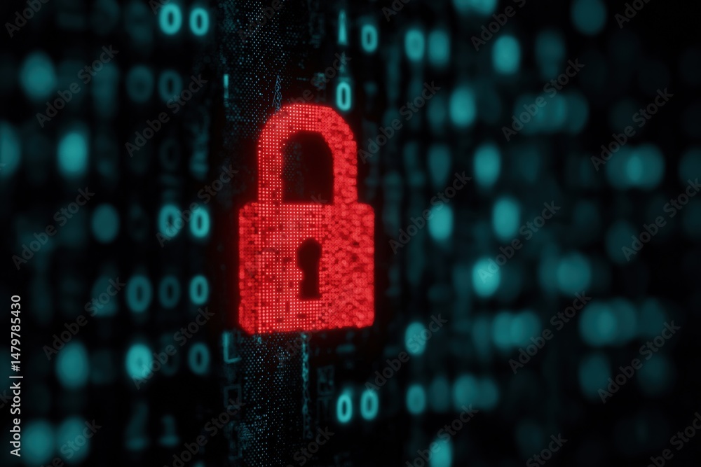 Poster a red lock is shown in a blue background. the lock is surrounded by a series of small squares, which